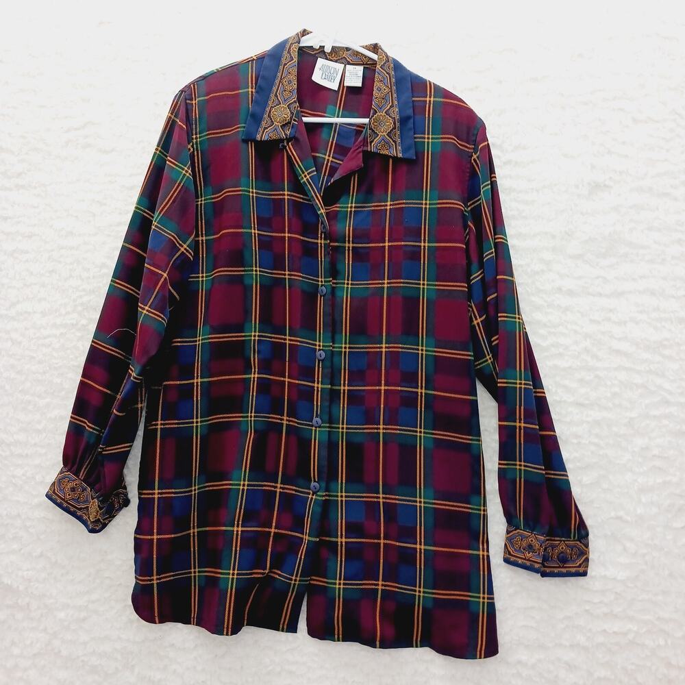 Blouse Plaid Wine Navy Baroque Mob Wife Officewear Professional Vacation Size 14